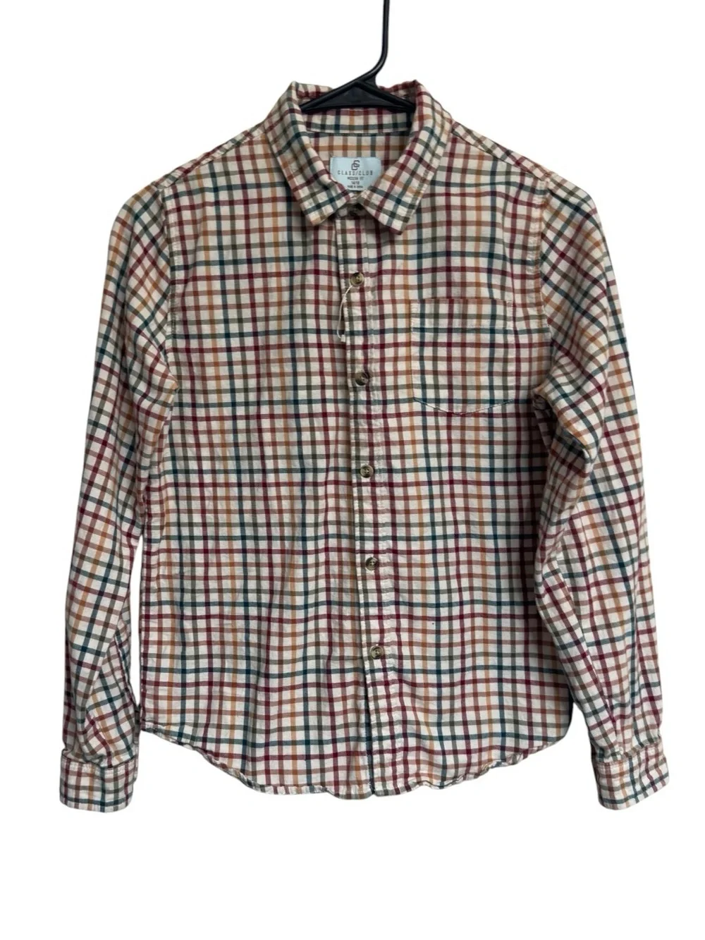 Class Club Boy’s Long Sleeve Ivory Plaid Button Up Sport Shirt LIKE NEW 14/16